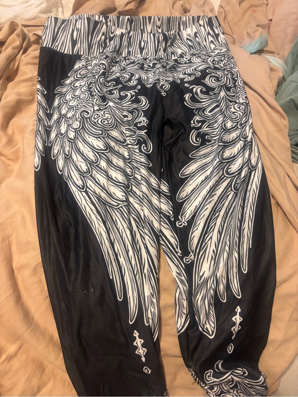 Women Black Leggings with White Angel Wing Print